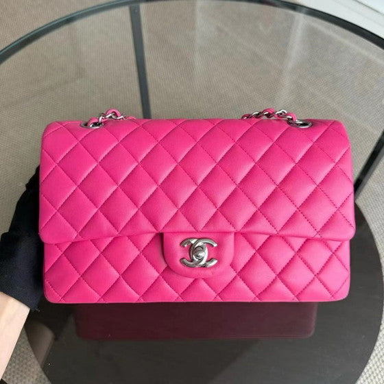 Classic Hot Pink Quilted Leather Medium Bag with Silver Chain