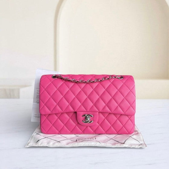 Classic Hot Pink Quilted Leather Medium Bag with Silver Chain