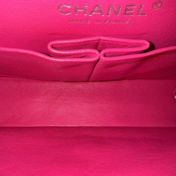 Classic Hot Pink Quilted Leather Medium Bag with Silver Chain
