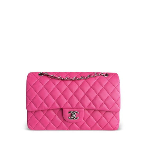Classic Hot Pink Quilted Leather Medium Bag with Silver Chain