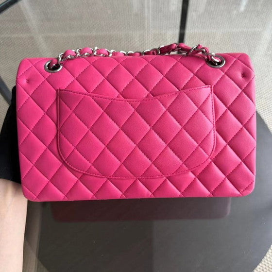 Classic Hot Pink Quilted Leather Medium Bag with Silver Chain