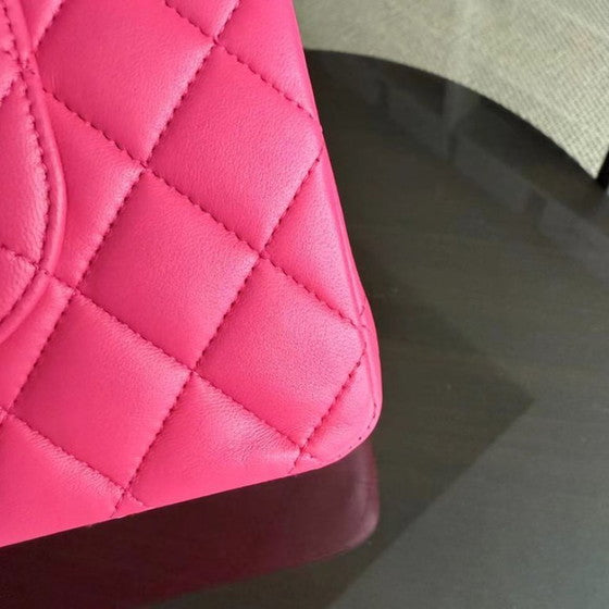 Classic Hot Pink Quilted Leather Medium Bag with Silver Chain