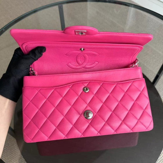 Classic Hot Pink Quilted Leather Medium Bag with Silver Chain