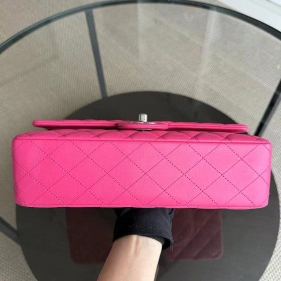 Classic Hot Pink Quilted Leather Medium Bag with Silver Chain