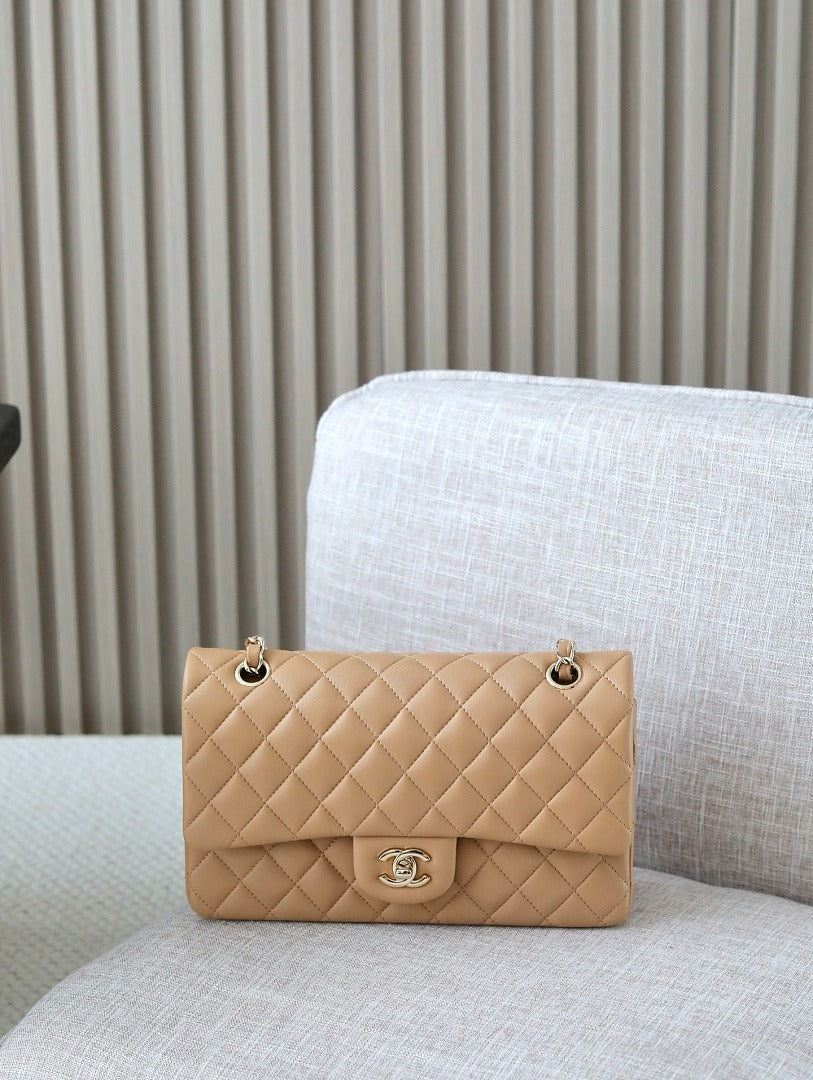 Classic 1112 Beige Lambskin Shoulder Bag with Gold Hardware