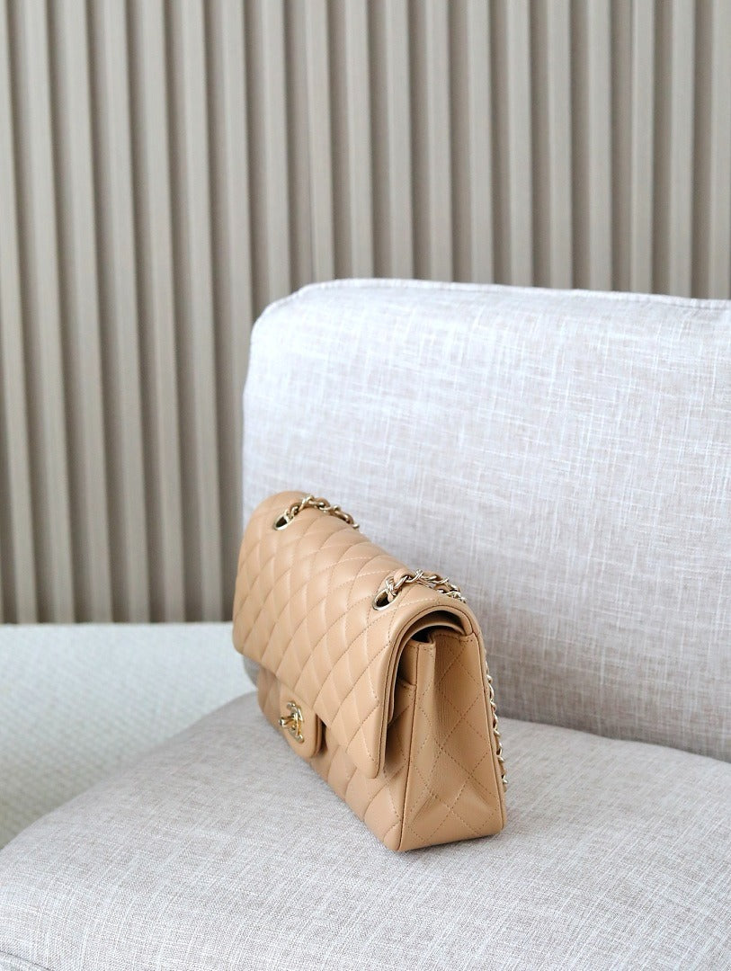 Classic 1112 Beige Lambskin Shoulder Bag with Gold Hardware