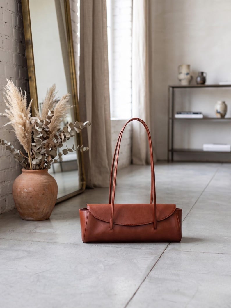 Small genuine leather bag, long cognac handbag for her, elegant womens purse