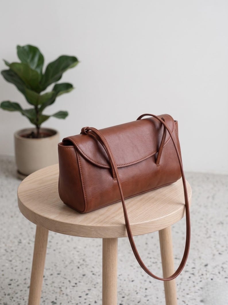Small genuine leather bag, long cognac handbag for her, elegant womens purse