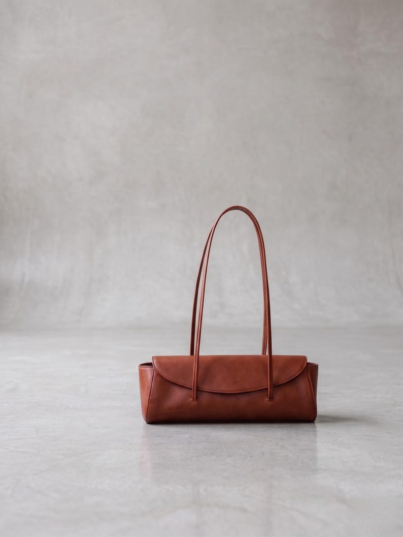 Small genuine leather bag, long cognac handbag for her, elegant womens purse