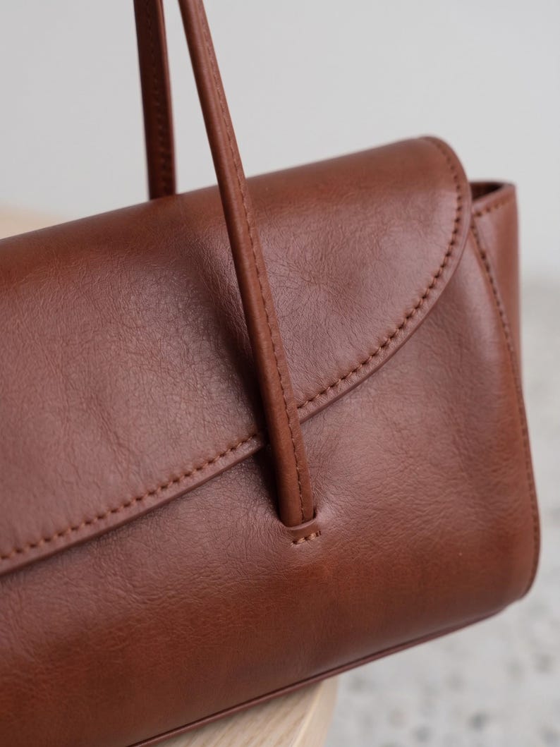 Small genuine leather bag, long cognac handbag for her, elegant womens purse