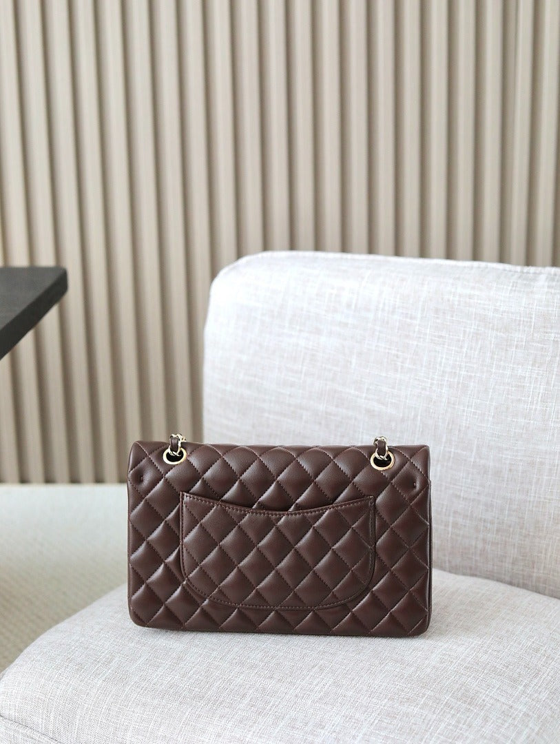 Classic 1112 Dark Brown Lambskin Shoulder Bag with Gold Hardware