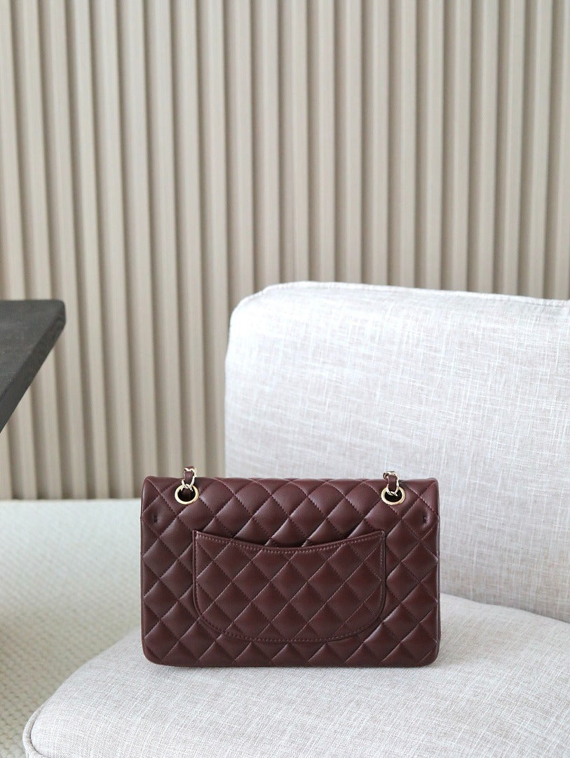 Classic 1112 Dark Burgundy Lambskin Shoulder Bag with Gold Hardware