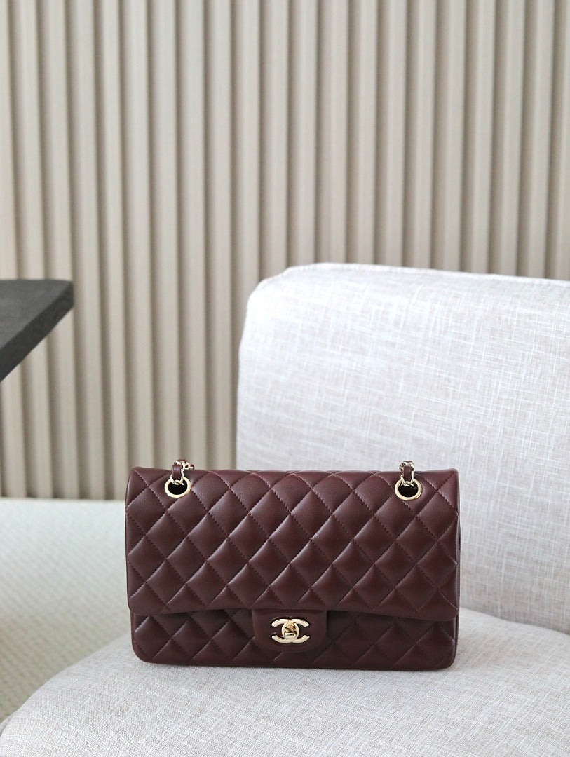 Classic 1112 Dark Burgundy Lambskin Shoulder Bag with Gold Hardware
