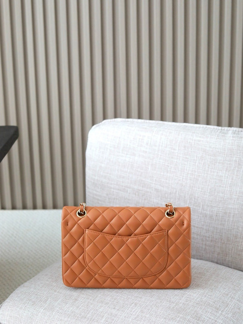 Classic 1112 Brown Lambskin Shoulder Bag with Gold Hardware