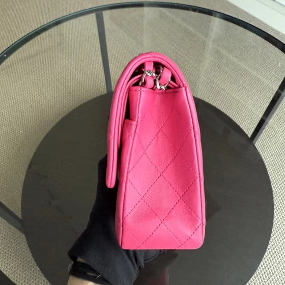 Classic Hot Pink Quilted Leather Medium Bag with Silver Chain