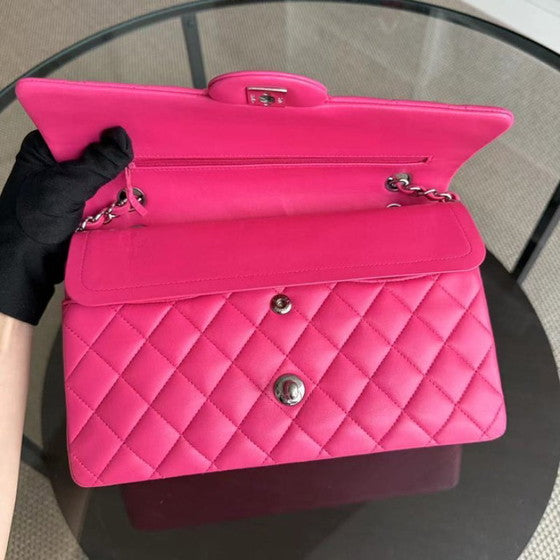 Classic Hot Pink Quilted Leather Medium Bag with Silver Chain