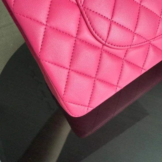 Classic Hot Pink Quilted Leather Medium Bag with Silver Chain