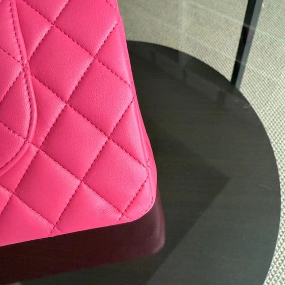 Classic Hot Pink Quilted Leather Medium Bag with Silver Chain