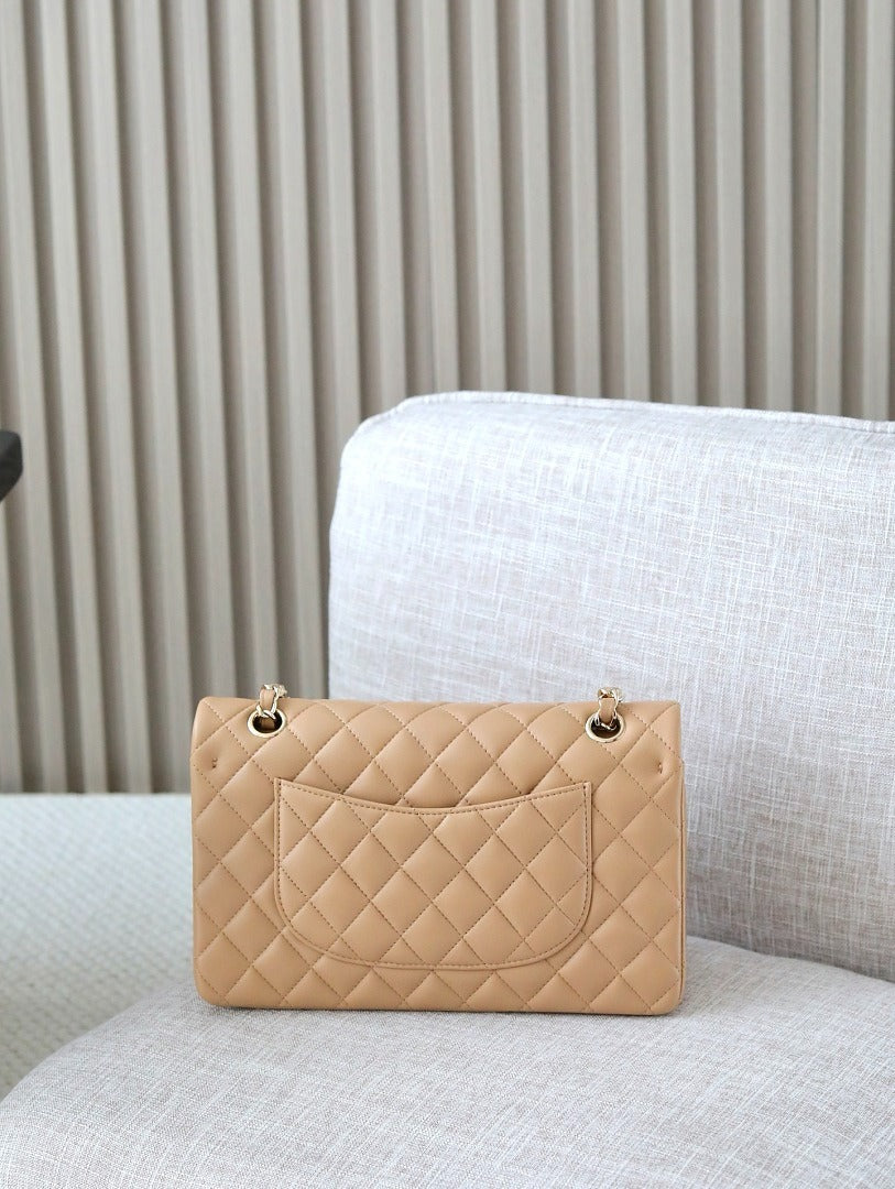 Classic 1112 Beige Lambskin Shoulder Bag with Gold Hardware