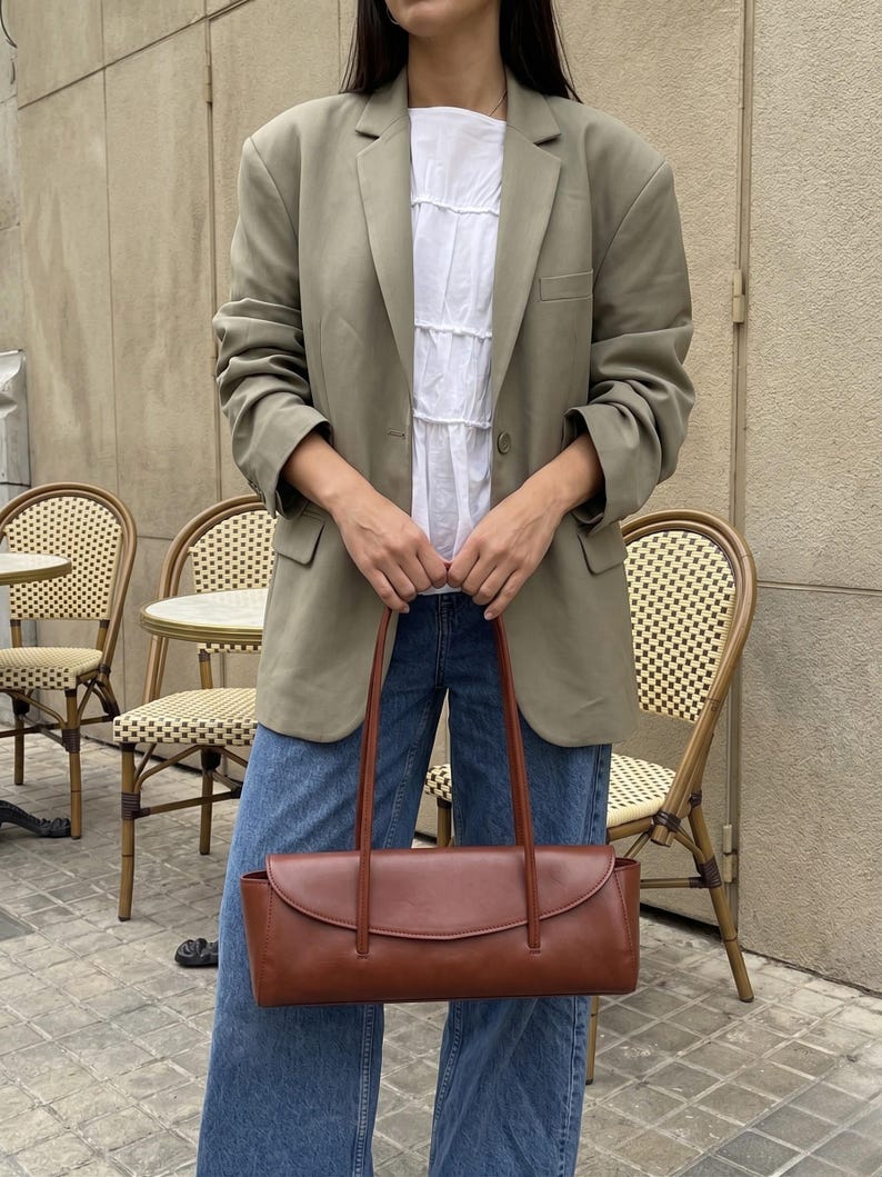 Small genuine leather bag, long cognac handbag for her, elegant womens purse