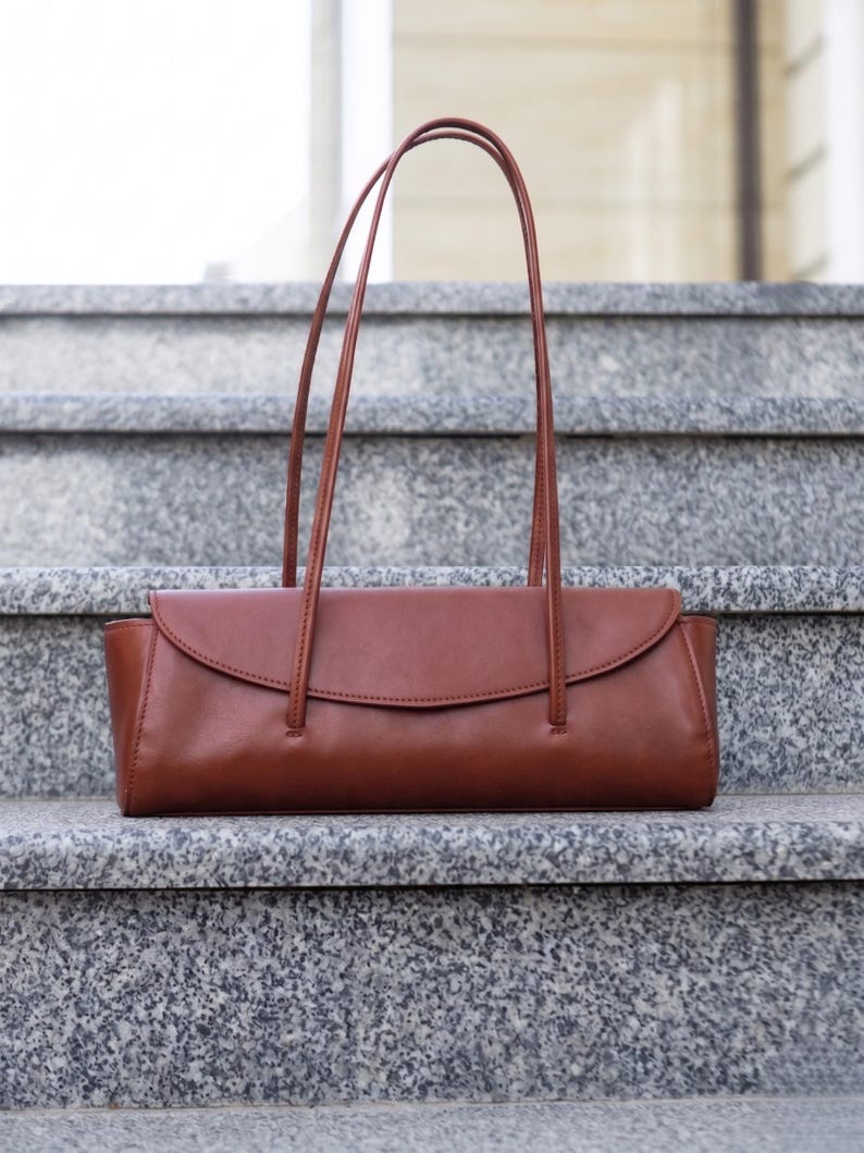 Small genuine leather bag, long cognac handbag for her, elegant womens purse