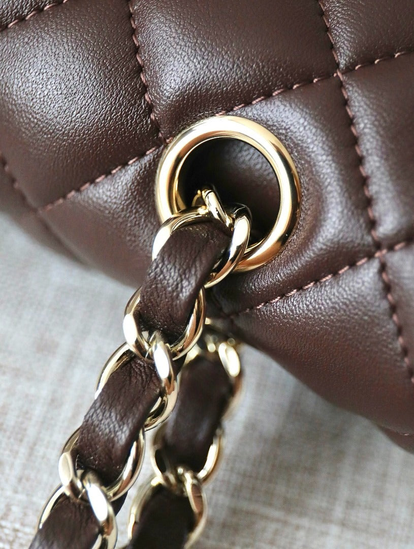 Classic 1112 Dark Brown Lambskin Shoulder Bag with Gold Hardware