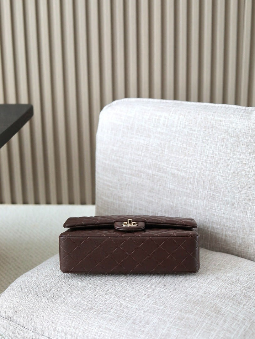 Classic 1112 Dark Brown Lambskin Shoulder Bag with Gold Hardware