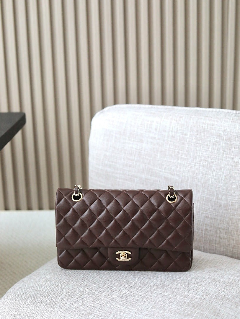 Classic 1112 Dark Brown Lambskin Shoulder Bag with Gold Hardware