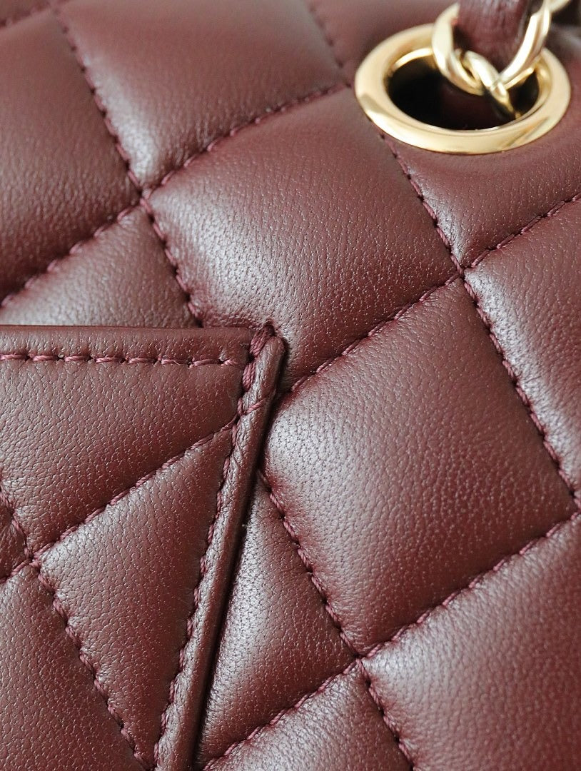 Classic 1112 Dark Burgundy Lambskin Shoulder Bag with Gold Hardware