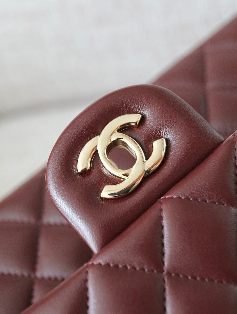 Classic 1112 Dark Burgundy Lambskin Shoulder Bag with Gold Hardware