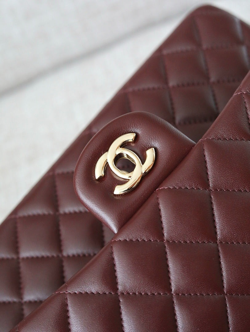 Classic 1112 Dark Burgundy Lambskin Shoulder Bag with Gold Hardware