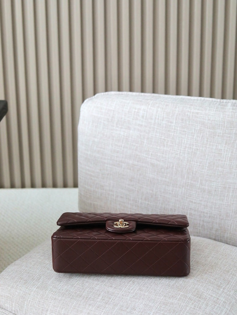 Classic 1112 Dark Burgundy Lambskin Shoulder Bag with Gold Hardware