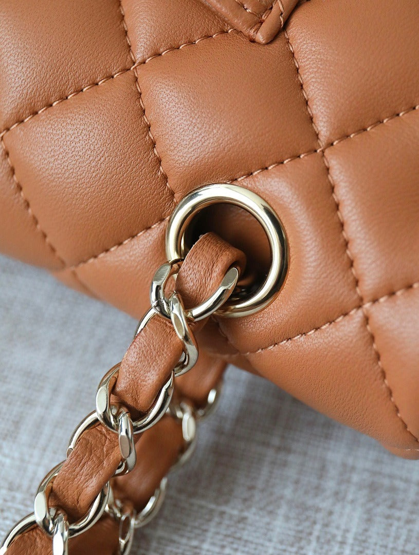 Classic 1112 Brown Lambskin Shoulder Bag with Gold Hardware