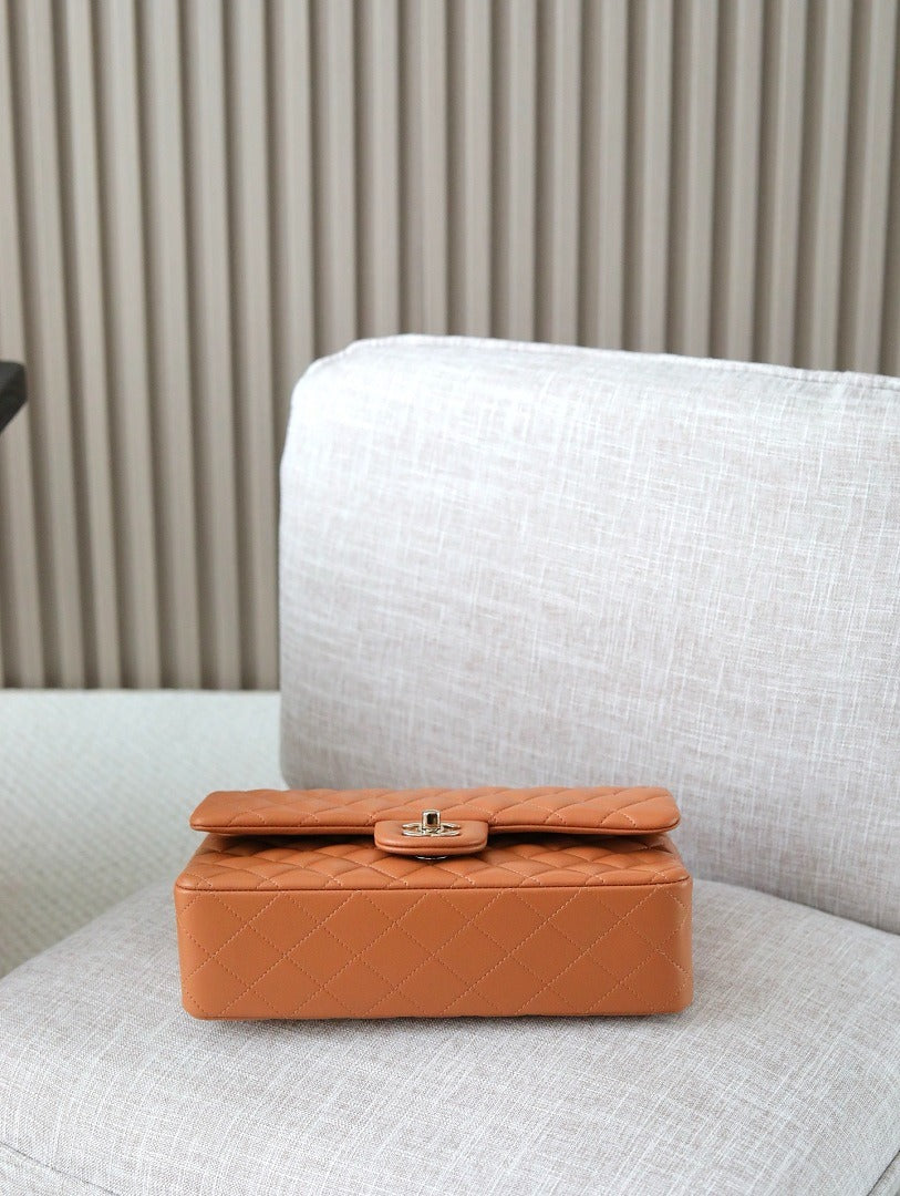 Classic 1112 Brown Lambskin Shoulder Bag with Gold Hardware