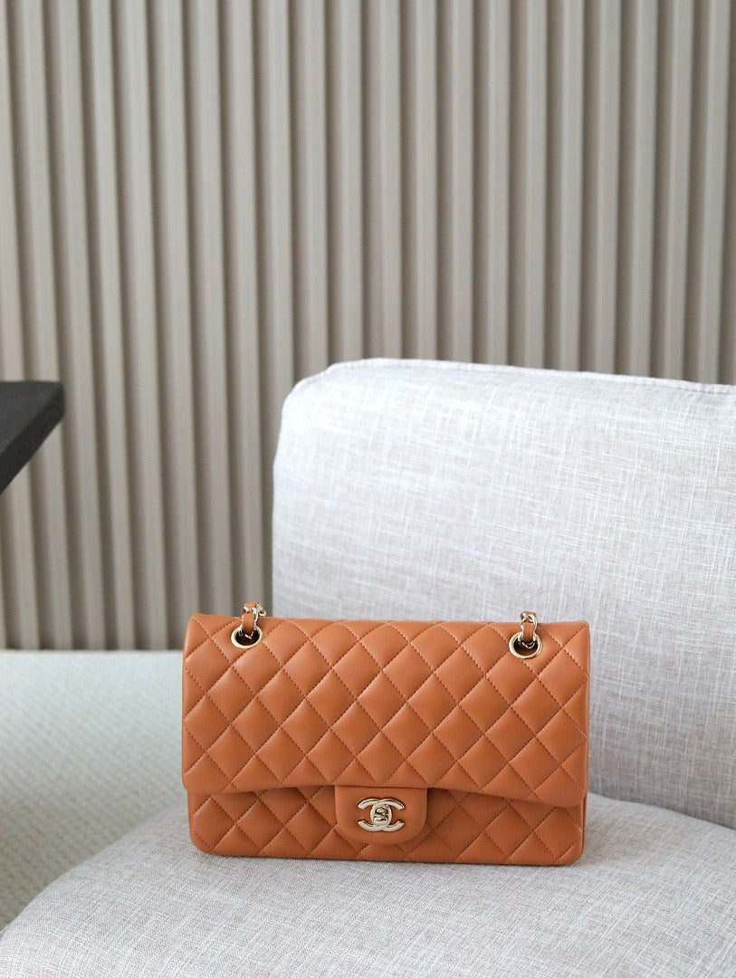 Classic 1112 Brown Lambskin Shoulder Bag with Gold Hardware